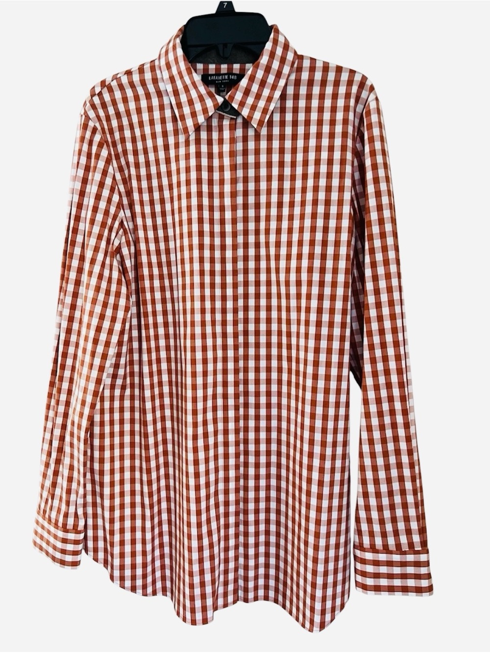Lafayette 148 Orange Gingham Button Down Shirt Women’s S Brown Trim Cuffs Cotton